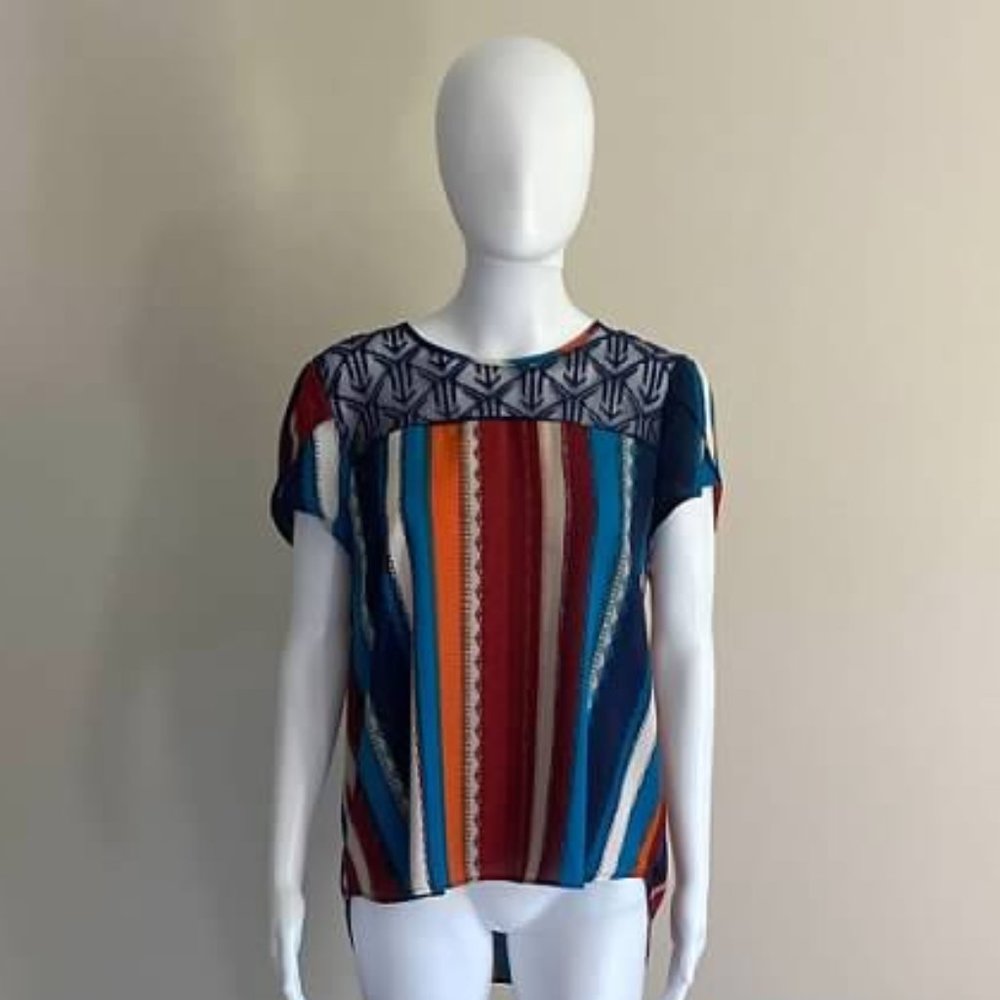 Twine & String Vertical Stripe & Navy Lace Neck